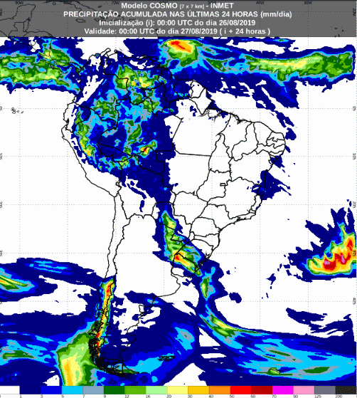 Napa com a previsão de precipitação acumulada para até 93 horas (26/08 a 29/08) em todo o Brasil - Fonte: Inmet