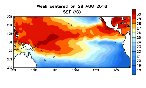 Anomalias médias da temperatura da superfície do mar (TSM) (° C) nas últimas semanas - Fonte: The Climate Prediction Center/NOAA