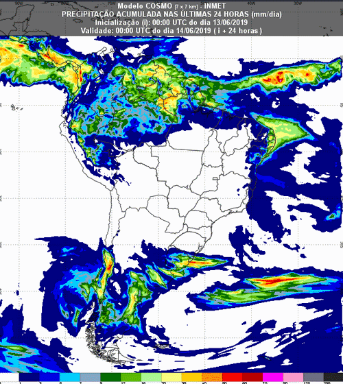 Mapa com a previsão de precipitação acumulada para até 93 horas (14/06 a 16/06) em todo o Brasil - Fonte: Inmet