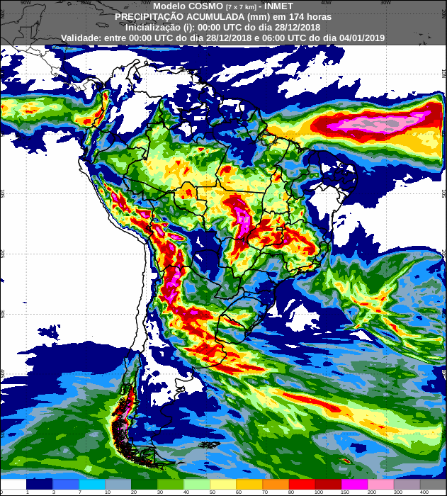 Mapa de precipitação acumulada dos próximos 7 dias em todo o Brasil - Fonte: Inmet