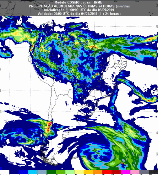 Mapa com a previsão de precipitação acumulada para até 93 horas (04/05 a 06/05) em todo o Brasil - Fonte: Inmet