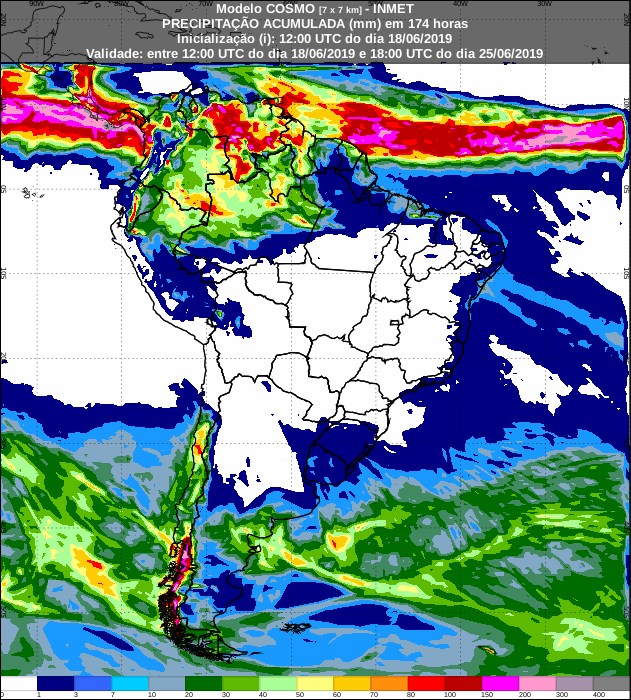 Mapa com a precipitação dos próximos sete dias em todo o Brasil -  Fonte: Inmet