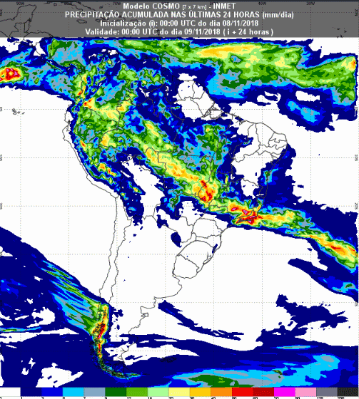 Mapa com a previsão de precipitação acumulada para até 72 horas (09/11 a 11/11) em todo o Brasil - Fonte: Inmet