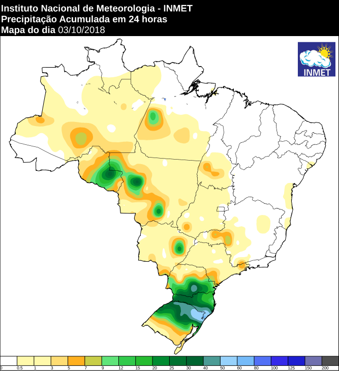 Mapa das áreas com precipitação acumulada nas últimas 24 horas -  Fonte: Inmet
