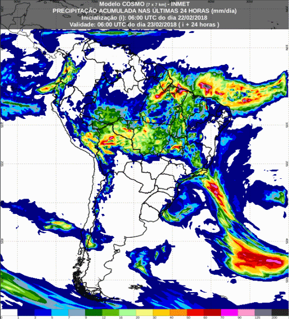 Mapa com a previsão de precipitação acumulada para até 72 horas (23/02 a 25/02) para todo o Brasil - Fonte: Inmet