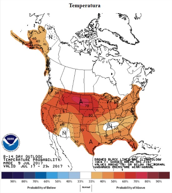 Temperaturas previstas nos EUA nos próximos 8 a 14 dias - Fonte: NOAA