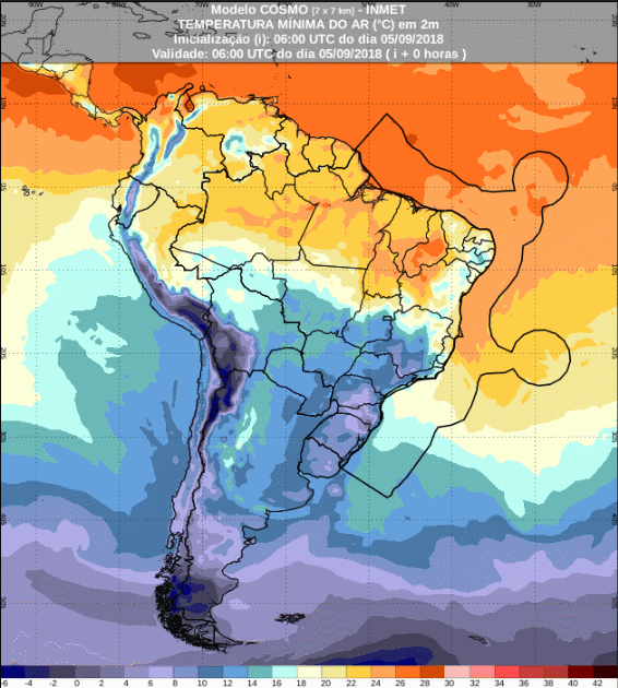 Mapa com a previsão de temperaturas mínimas para até 72 horas (06/09 a 08/09) em todo o Brasil - Fonte: Inmet