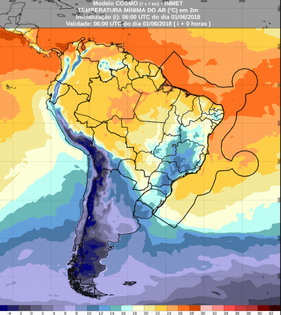 Mapa com a previsão de temperaturas mínimas para até 72 horas (01/06 a 04/06) em todo o Brasil - Fonte: Inmet
