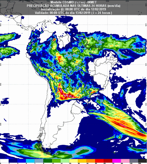 Mapa com a previsão de precipitação acumulada para até 96 horas (13/02 a 16/02) em todo o Brasil - Fonte: Inmet