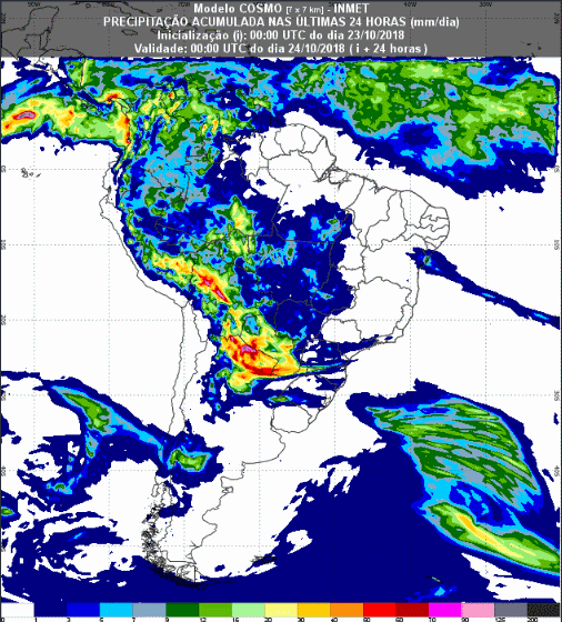 Mapa com a previsão de precipitação acumulada para até 72 horas (24/10 a 26/10) em todo o Brasil - Fonte: Inmet