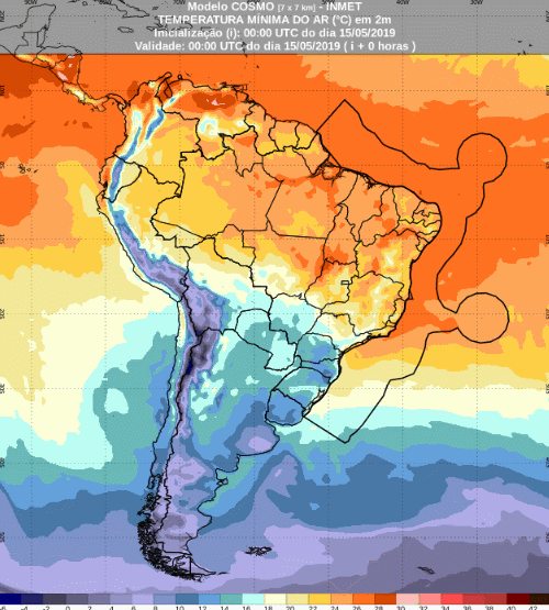 Mapa com a previsão de temperatura mínima para até 93 horas (16/05 a 18/05) em todo o Brasil - Fonte: Inmet