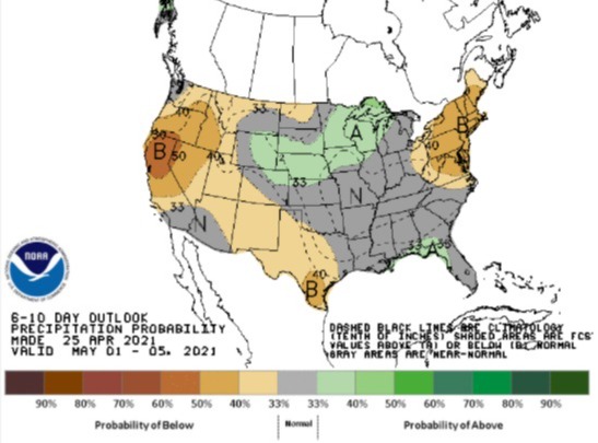 Chuvas EUA 1 a 5 de maio de 2021 - Fonte: NOAA