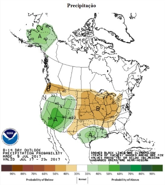 Precipitações previstas nos EUA nos próximos 8 a 14 dias - Fonte: NOAA