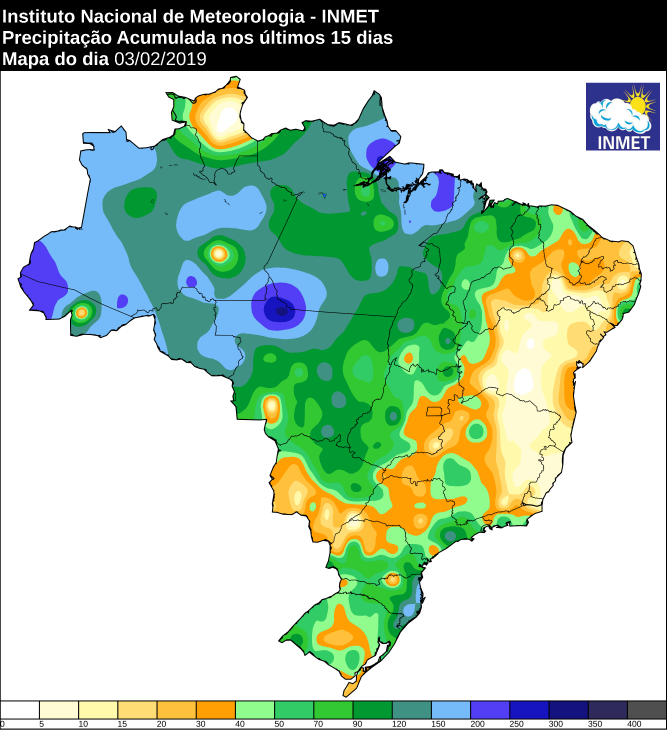 Mapa com a precipitação acumulada nos últimos 15 dias em todo o Brasil - Fonte: Inmet
