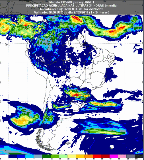 Mapa com a previsão de precipitação acumulada para até 72 horas (27/08 a 29/09) em todo o Brasil - Fonte: Inmet