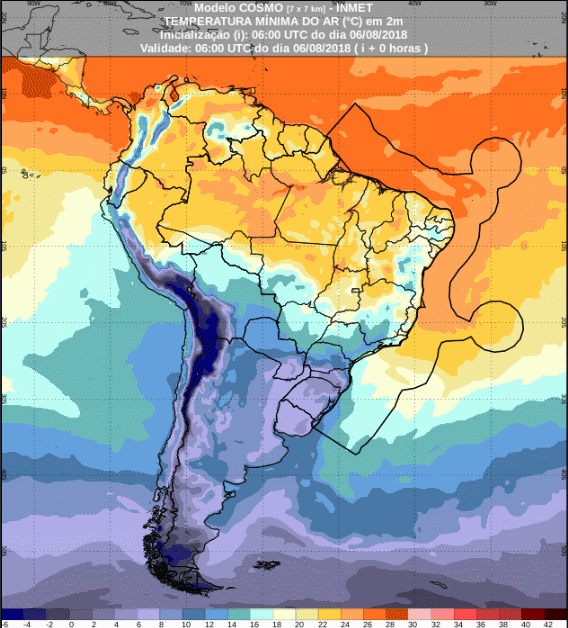 Mapa com a previsão de temperatura mínima para até 72 horas (07/08 a 09/08) em todo o Brasil - Fonte: Inmet