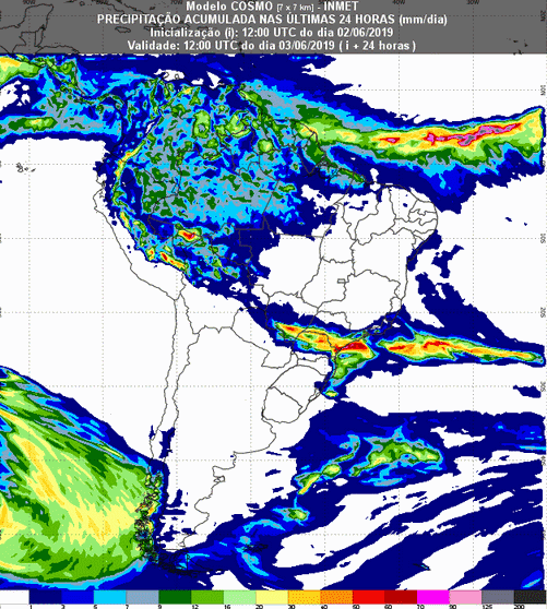 Mapa com a previsão de precipitação acumulada para até 93 horas (03/06 a 06/06) em todo o Brasil - Fonte: Inmet
