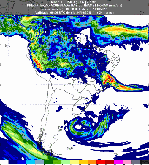 Mapa com a previsão de precipitação acumulada para até 93 horas (24/10 a 26/10) em todo o Brasil - Fonte: Inmet