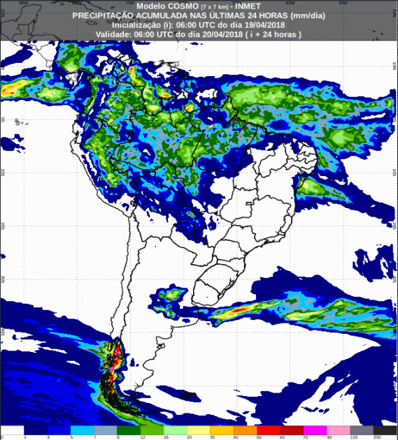 Mapa com a previsão de precipitação acumulada para até 72 horas (20/04 a 22/04) para todo o Brasil - Fonte: Inmet