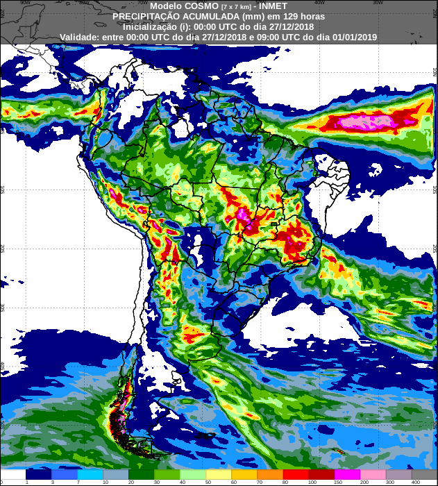 Mapa de precipitação acumulada dos próximos 7 dias em todo o Brasil - Fonte: Inmet