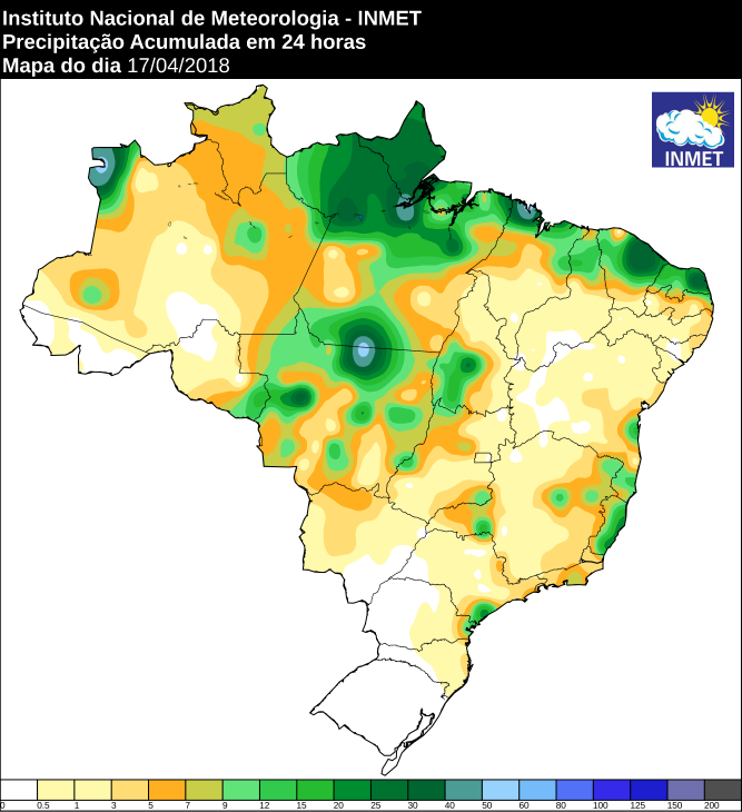 Mapa das áreas com previsão de chuva acumulada em todo o Brasil nesta terça-feira (17) - Fonte: Inmet