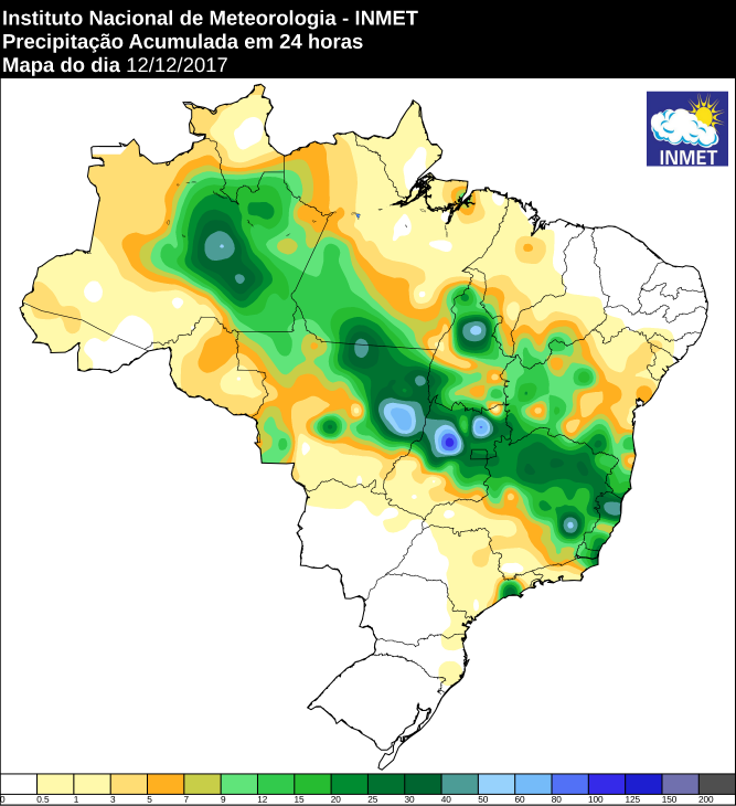 Mapa de precipitação acumulado nas últimas 24 horas em todo o Brasil - Fonte: Inmet