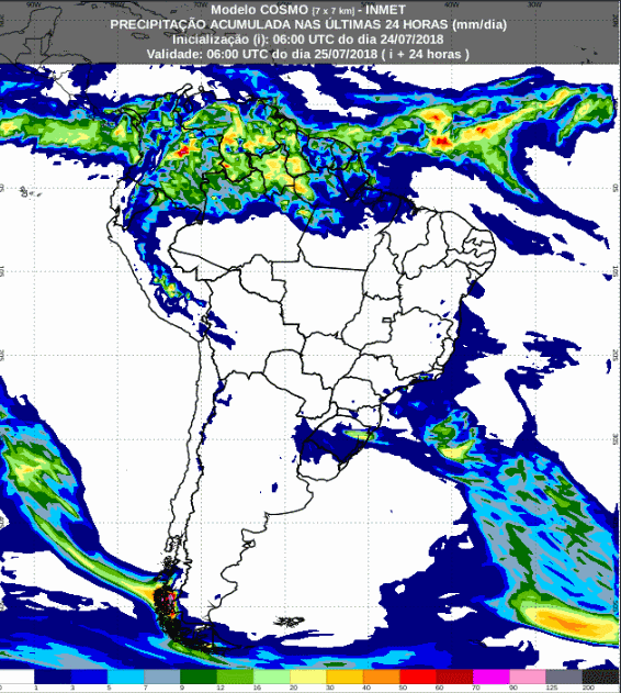 Mapa com a previsão de precipitação acumulada para até 72 horas (25/07 a 27/07) em todo o Brasil - Fonte: Inmet