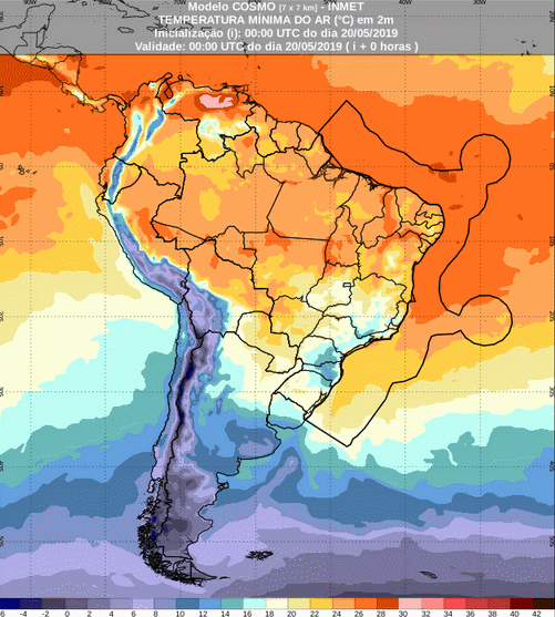 Mapa com a previsão de temperatura mínima para até 93 horas (20/05 a 23/05) em todo o Brasil - Fonte: Inmet