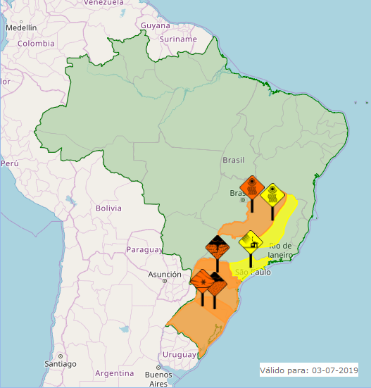 Mapa das áreas com alerta nesta 4ª feira no Brasil - Fonte: Inmet