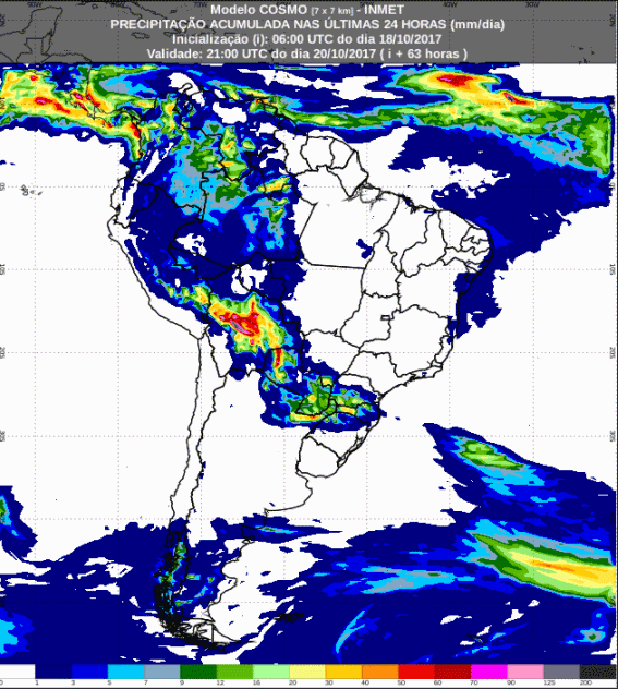 Mapa com a previsão de precipitação acumulada para até 72 horas (19/10 a 21/10) para o todo do Brasil - Fonte: Inmet