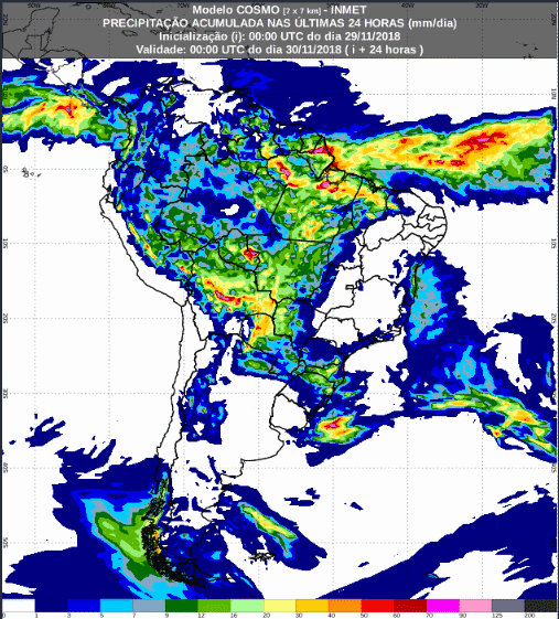 Mapa com a previsão de precipitação acumulada para até 72 horas (30/11 a 02/12) em todo o Brasil - Fonte: Inmet