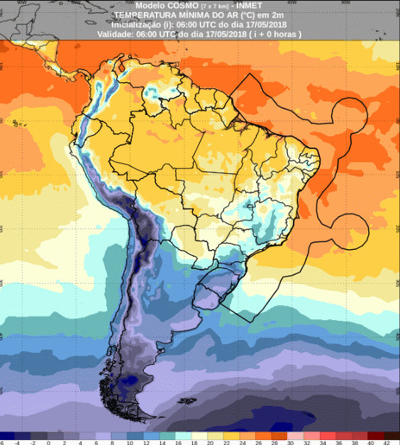 Mapa com a previsão de temperatura mínima para até 72 horas (17/05 a 19/05) para todo o Brasil - Fonte: Inmet