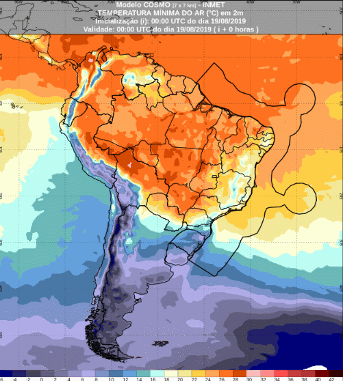 Mapa com a previsão de temperatura mínima para até 93 horas (19/08 a 22/08) em todo o Brasil - Fonte: Inmet