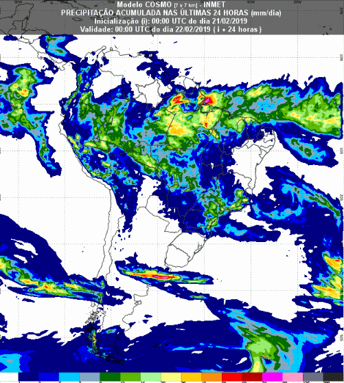 Mapa com a previsão de precipitação acumulada para até 174 horas (22/02 a 28/02) em todo o Brasil - Fonte: Inmet