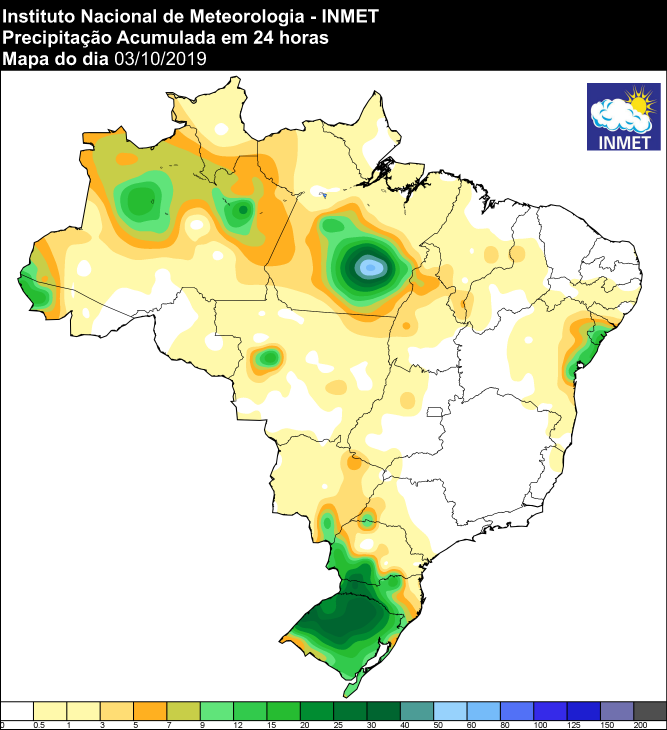Mapa de precipitação das últimas 24 horas em todo o Brasil - Fonte: Inmet