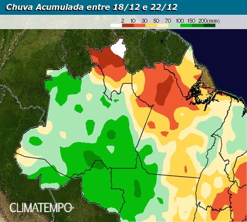 Previsão de chuva acumulada entre 18/12 e 22/12 no Norte - Fonte: Climatempo