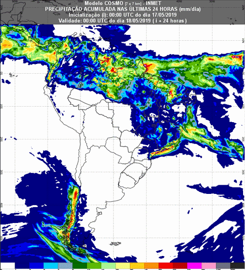 Mapa com a previsão de precipitação para até 93 horas (18/05 a 20/05) em todo o Brasil - Fonte: Inmet