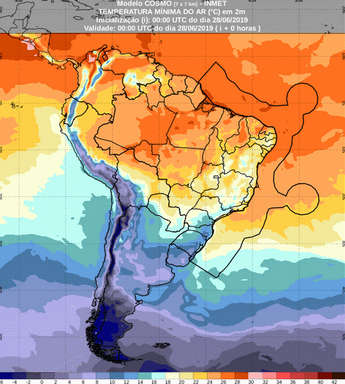 Mapa com a previsão de temperatura mínima para até 93 horas (28/06 a 01/07) em todo o Brasil - Fonte: Inmet