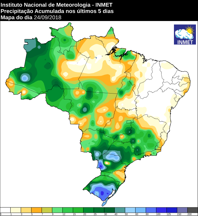 Mapa com a precipitação acumulada em todo o Brasil nos últimos cinco dias - Fonte: Inmet