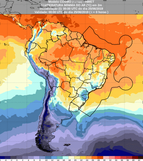 Mapa com a previsão de temperatura mínima para até 93 horas (25/06 a 28/06) em todo o Brasil - Fonte: Inmet