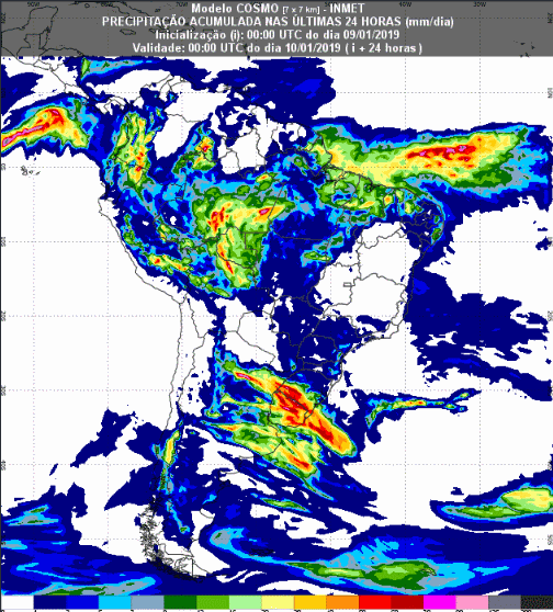 Mapa com a previsão de precipitação acumulada para até 174 horas (10/01 a 16/01) em todo o Brasil - Fonte: Inmet