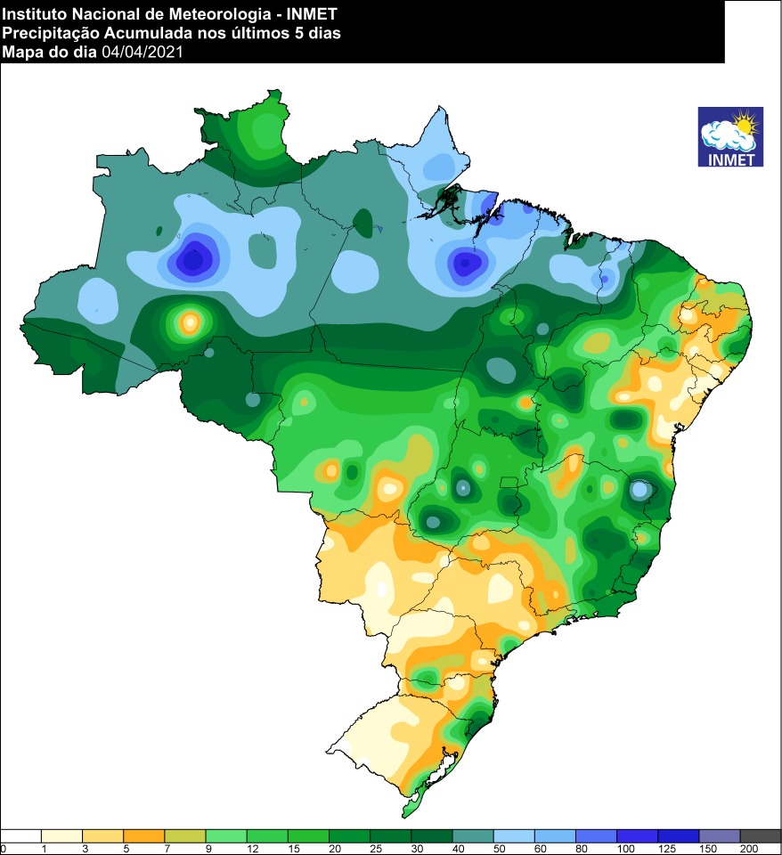 Mapa com a precipitação acumulada dos últimos 5 dias em todo o Brasil - Fonte: Inmet