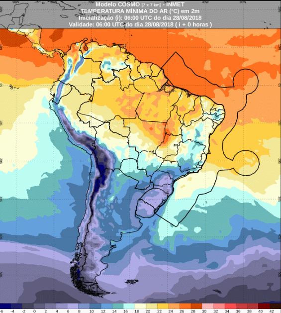 Mapa com a previsão de temperatura mínima para até 72 horas (29/08 a 31/08) em todo o Brasil - Fonte: Inmet