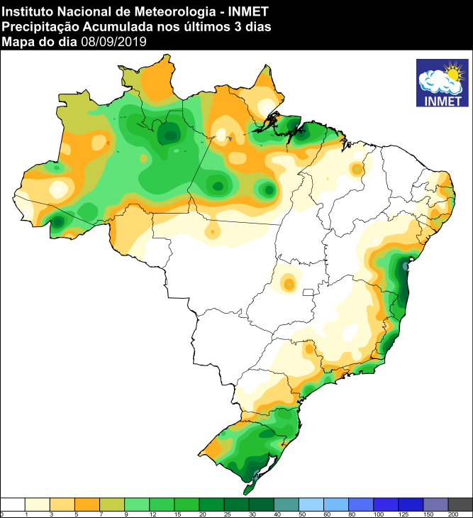 Mapa de precipitação acumulada nos últimos 3 dias em todo o Brasil - Fonte: Inmet