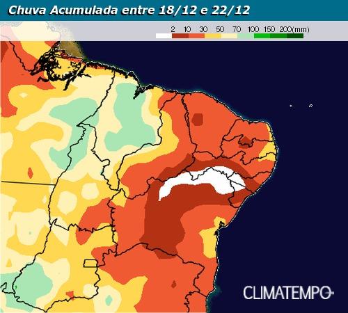 Previsão de chuva acumulada entre 18/12 e 22/12 no Nordeste - Fonte: Climatempo