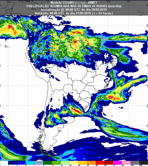 Mapa com a previsão de precipitação para até 93 horas (21/05 a 23/05) em todo o Brasil - Fonte: Inmet