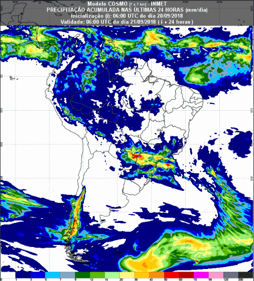 Mapa com a previsão de precipitação acumulada para até 72 horas (21/08 a 23/09) em todo o Brasil - Fonte: Inmet