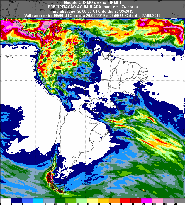 Mapa de previsão de precipitação acumulada dos próximos sete dias em todo o Brasil - Fonte: Inmet
