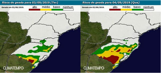 Risco de geada para os dias 03 e 04 de setembro - Fonte: Climatempo