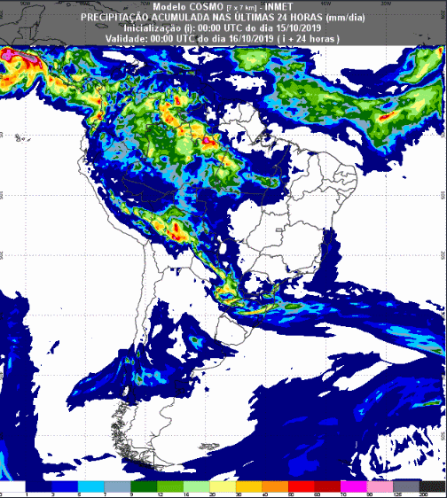 Mapa com a previsão de precipitação acumulada para até 93 horas (16/10 a 18/10) em todo o Brasil - Fonte: Inmet